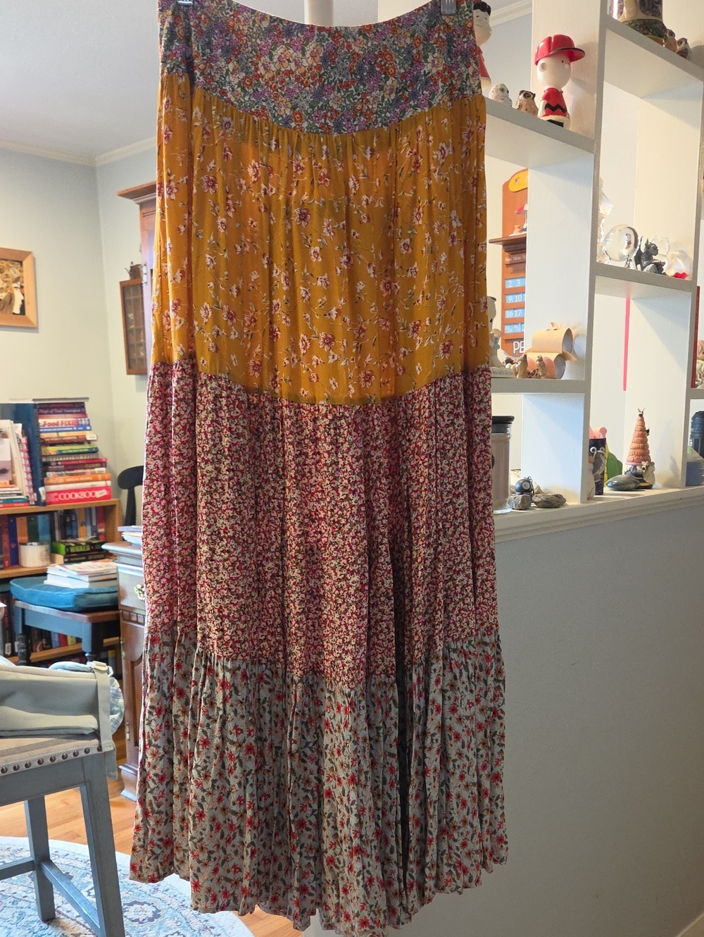 NATURAL LIFE Multi-Panel Floral Maxi Skirt in Mustard, Burgundy, and Blue